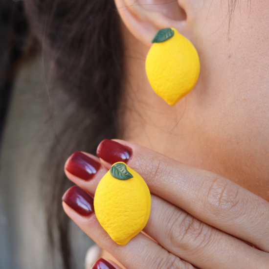Polimer Kil Sarı Puf Limon Küpe Polimer Kil Sarı Puf Limon Küpe