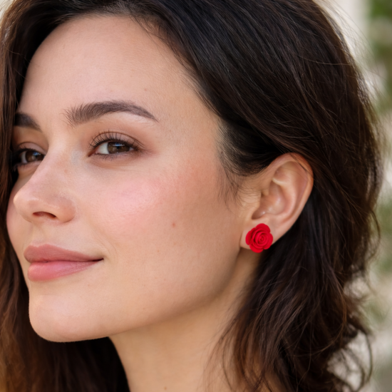 Kırmızı Gül Küpe, Minimal Tasarım Polimer Kil Kırmızı Çiçek Küpe, Sevgililer günü hediyesi