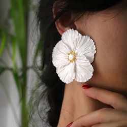 Polimer Kil Sedefli Beyaz Hibiscus Çiçek Küpe