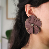 Polimer Kil Kahverengi Hibiskus Küpe Çiçek Tasarım Hibiscus