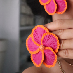 Polimer Kil İki Renkli Turuncu Pembe Hibiscus Çiçek Küpe Büyük Küpe