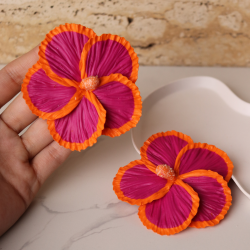 Polimer Kil İki Renkli Turuncu Pembe Hibiscus Çiçek Küpe Büyük Küpe