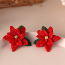Özel Tasarım Polimer Kil Yapraklı Poinsettia Çivili Yeni Yıl Küpe