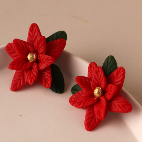 Özel Tasarım Polimer Kil Yapraklı Poinsettia Çivili Yeni Yıl Küpe Özel Tasarım Polimer Kil Yapraklı Poinsettia Çivili Yeni Yıl Küpe