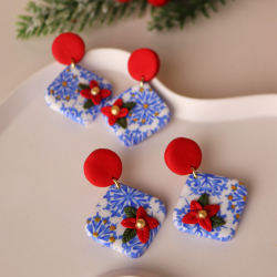 Kadın Özel Tasarım Kar Tanesi Desenli Poinsettia Detay Kadın Yeni Yıl Küpe