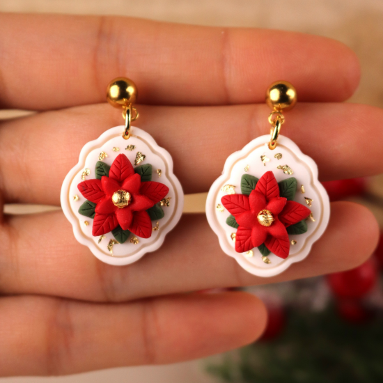 Özel Tasarım Polimer Kil Poinsettia Kırmızı Beyaz Yeni Yıl Küpe Özel Tasarım Polimer Kil Poinsettia Kırmızı Beyaz Yeni Yıl Küpe