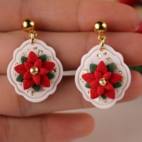 Özel Tasarım Polimer Kil Poinsettia Kırmızı Beyaz Yeni Yıl Küpe Özel Tasarım Polimer Kil Poinsettia Kırmızı Beyaz Yeni Yıl Küpe