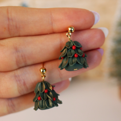 Polimer Kil Mini Yılbaşı Ağacı Küpe Poinsettia Detay