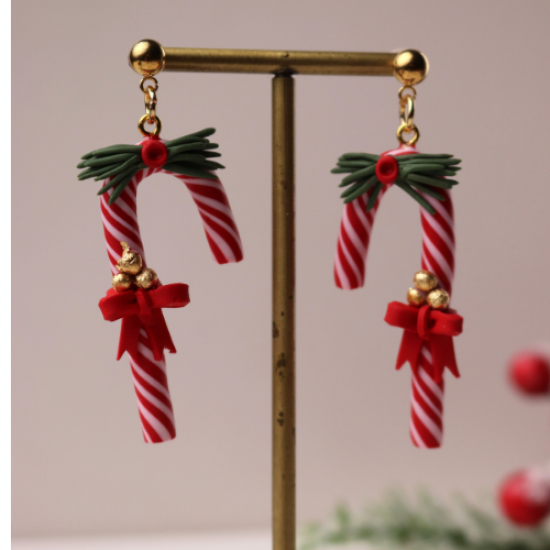 Özel Tasarım Polimer Kil Noel Yeni Yıl Kokinalı Şeker Kamışı Baston Kırmızı Beyaz Kadın Küpe Özel Tasarım Polimer Kil Noel Yeni Yıl Kokinalı Şeker Kamışı Baston Kırmızı Beyaz Kadın Küpe