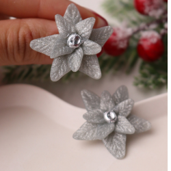 Özel Tasarım Polimer Kil Gümüş Gri Simli Poinsettia Çiçek Yeni Yıl Noel Küpe