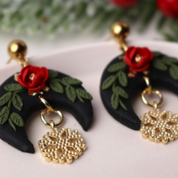  Yarım Ay Gül ve Kar Tanesi Detay Özel Tasarım Noel Yeni Yıl Küpe