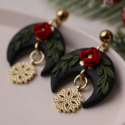  Yarım Ay Gül ve Kar Tanesi Detay Özel Tasarım Noel Yeni Yıl Küpe