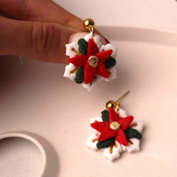Kadın Özel Tasarım Noel Yeni Yıl Poinsettia Kar Tanesi Çiçekli Küpe Atatürk Çiçeği