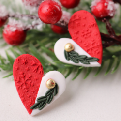 Kadın Polimer Kil Noel Yeni Yıl Kırmızı Beyaz Kokinalı Kalp Küpe