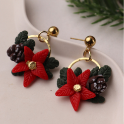 Tasarım Polimer Kil Poinsettia Kozalak Detay Gold Halkalı Noel Yeni Yıl Kadın Küpe