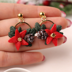 Tasarım Polimer Kil Poinsettia Kozalak Detay Gold Halkalı Noel Yeni Yıl Kadın Küpe