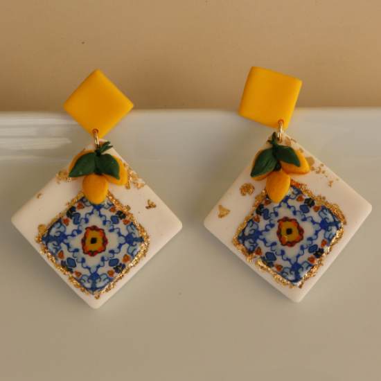 Eşsiz Tasarım Polimer Kil Çini Desen Limonlu  Küpe